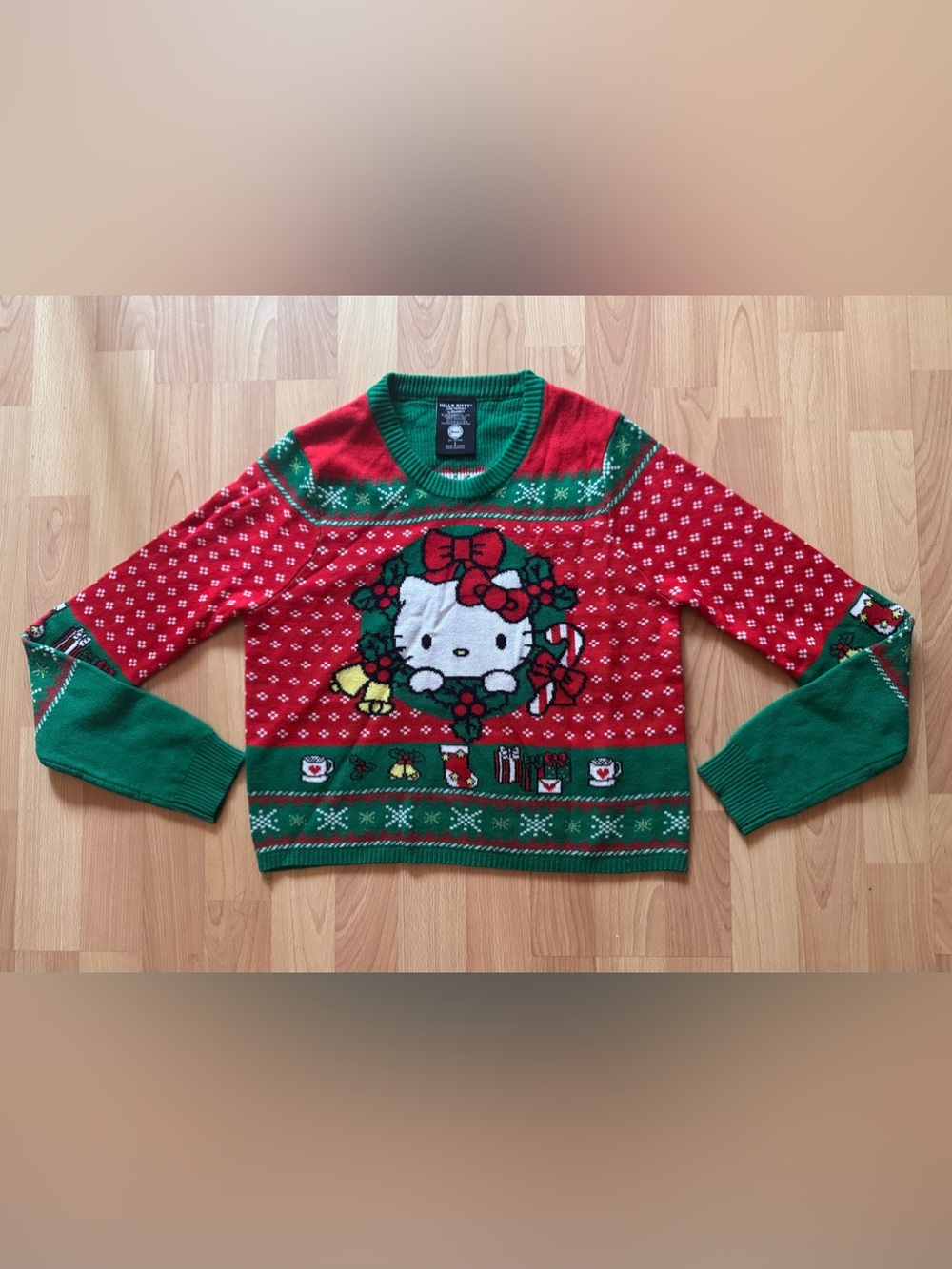 Sanrio Hello Kitty Red and Green Ugly Christmas Crewneck Sweater Sz S in EUC
